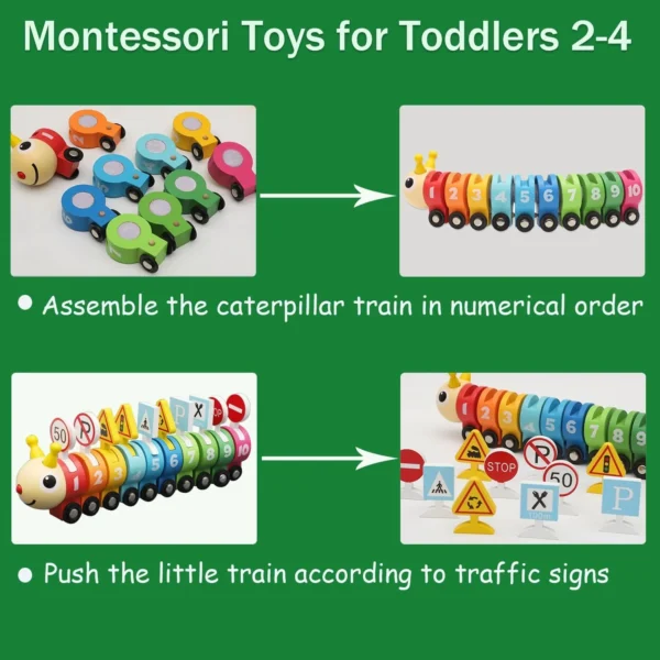 Wooden Caterpillar Train with Numbers & Traffic Sign - Image 3