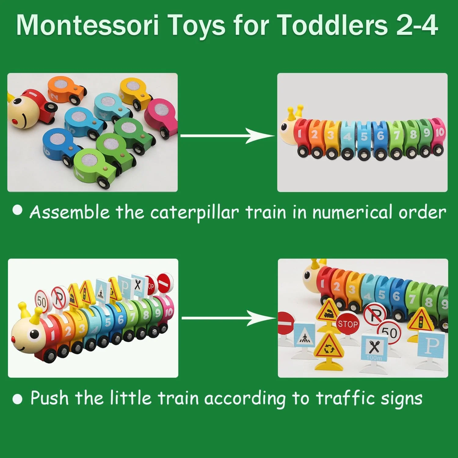 Wooden Caterpillar Train with Numbers & Traffic Sign - Image 3
