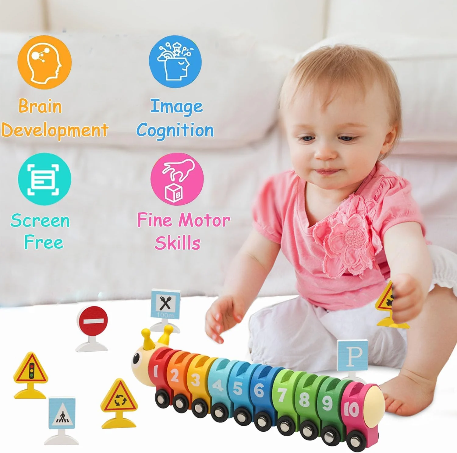 Wooden Caterpillar Train with Numbers & Traffic Sign - Image 4