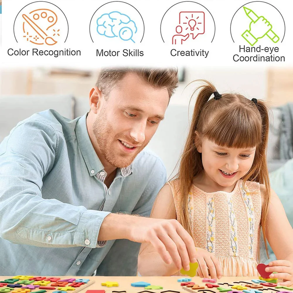 Set of 3 pcs Wooden Alphabet, Number, and Shape Puzzle Set - ABC, 123 - Educational Learning Toys for Toddlers - Image 2