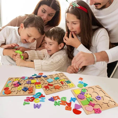 Set of 3 pcs Wooden Alphabet, Number, and Shape Puzzle Set - ABC, 123 - Educational Learning Toys for Toddlers - Image 3