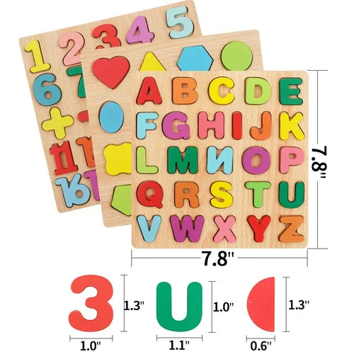 Set of 3 pcs Wooden Alphabet, Number, and Shape Puzzle Set - ABC, 123 - Educational Learning Toys for Toddlers - Image 5