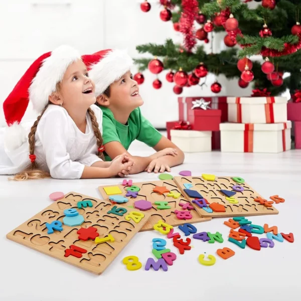 Set of 3 pcs Wooden Alphabet, Number, and Shape Puzzle Set - ABC, 123 - Educational Learning Toys for Toddlers - Image 6